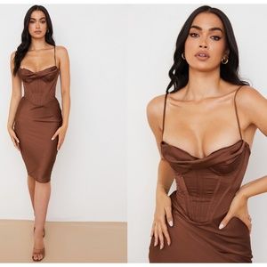 HOUSE OF CB S‎ D-DD 'Myrna' Chocolate Satin Corset Slip Dress NWOT